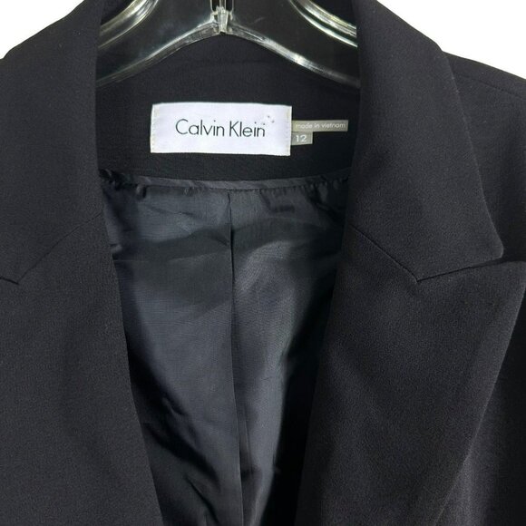 Calvin Klein Black Suit Jacket Gold Zip Faux Pockets and Skirt 2 Piece Size 12 - Picture 3 of 16